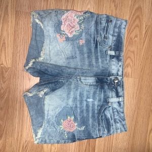 Acid wash embroidered denim shorts